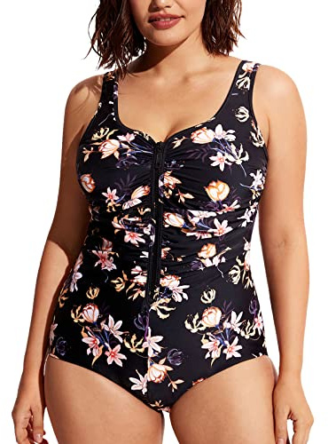 DELIMIRA Donna Costume da Bagno Coppe con Imbottite Cerniera Frontale Fiori in Piena fioritura 60