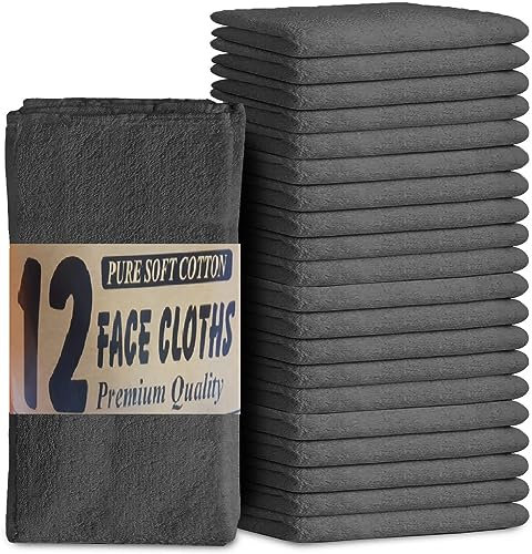 TOWELBAY Juego de 12 paños de lavado (30 x 30 cm), 100% algodón peinado egipcio, toallas faciales para hotel, spa, gimnasio, removedor de maquillaje, secado rápido y absorbente (carbón)