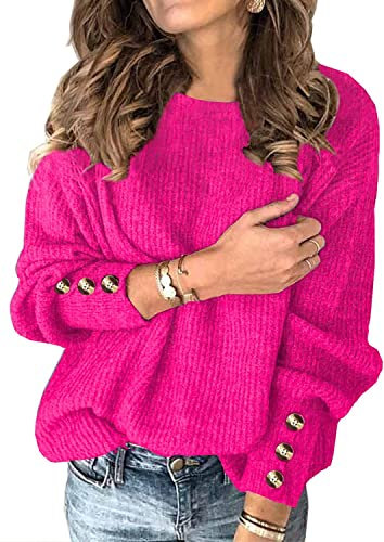 Vetement Femme Hiver Pull Rose Vif Chaud Chic et Original Elegant Automne 2024 Oversize Chauve Souris Encolure Ras du Cou Maille Fine Haut
