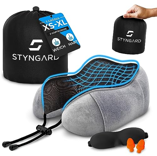 STYNGARD Nackenkissen Reise aus Memory Foam [2 Härtegrade & 2 Größen] - Nackenhörnchen Erwachsene mit Schlafmaske - Nackenkissen Flugzeug Modell Barcelona (Weiche Version, M in Grau)
