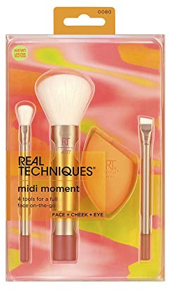 Real Techniques Midi Moment Brush + Sponge Kit, Makeup Sponge & Makeup Brushes For A Full Face, For Liquid & Powder Products, Travel Size Brushes, 4 Piece Set