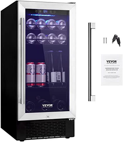VEVOR 15” Beverage Refrigerator, 96 Cans Under Counter Built-in or Freestanding Beer Fridge, Blue LED Light, Adjustable Shelves, Child Lock, ETL
