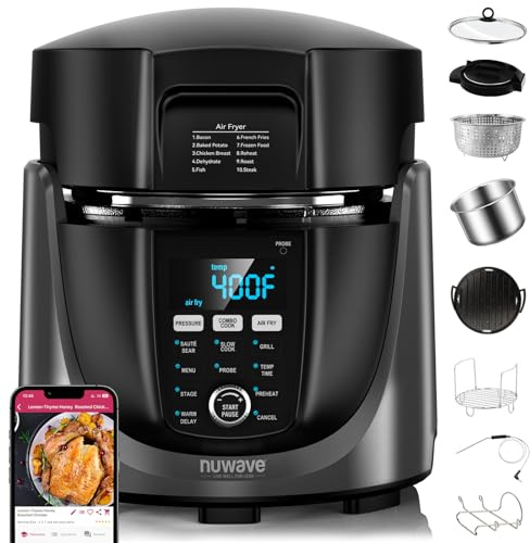 Nuwave Duet Electric Pressure Cooker & Air Fryer Combo, 450 IN 1 Slow Cooker & Grill with Integrated Digital Temp Probe, 6qt SS Pot, Adjustable High/Low Pressure, Built-in Sure-Lock Safety Tech