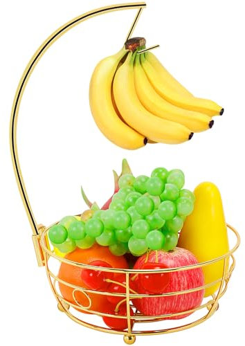 Livabber Countertop Fruit Basket Bowl with Banana Hanger, Modern Standing Fruit Vegetable Bowl Storage, with Banana Tree Holder for Kitchen Dinning Table (Round Metal, Gold)