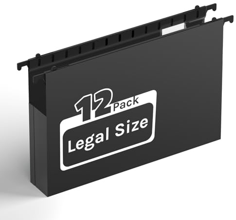 Extra Capacity Legal Size Plastic Hanging File Folders, 2 Expanding Accordion Pocket, Black Insert Gasket, Heavy Duty for Filing Cabinet, Hard and Durable, 12 Pack (Black)