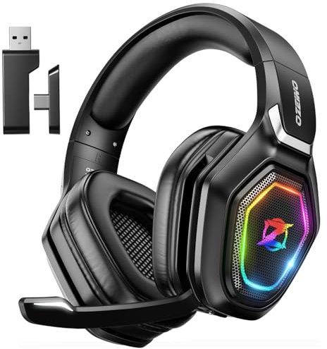 Ozeino Cascos Gaming Inalámbricos para PC/Ps5/Ps4, Auriculares Gaming Inalámbricos de 2,4GHz Wireless+Bluetooth, Baja Latencia Calidad de Sonido sin Pérdidas, Duración 30Hr+