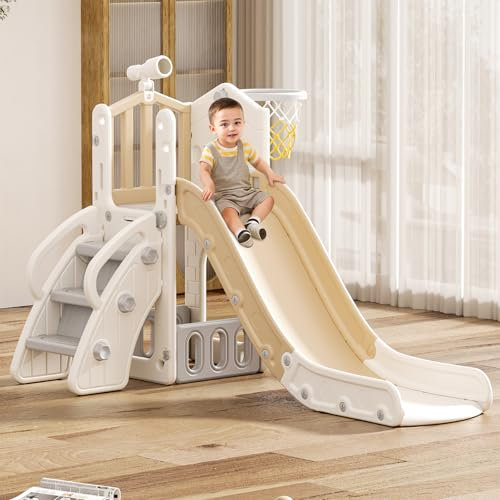 FUKEA 5-in-1 Kids Slide, Toddler Castle Slide with Stairs, Storage Box, Basketball Hoop, Telescope, Garden Large Slide Playground for Toddlers age 1-6
