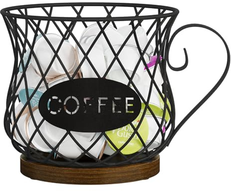 YINMIT K Cup Holder Organizer, Rustic Coffee Pod Holder Organizer, 35 Kcup Holder for Counter with Handle，Large Capacity Black Wire Coffee Capsule Basket for Kitchen Office Desktop (Circular Grid)
