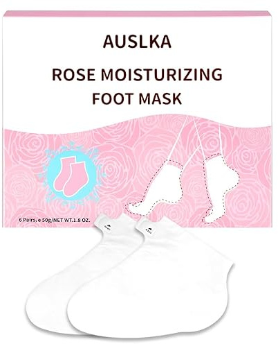 AUSLKA Moisturizing Foot Mask with Shea Butter, Foot Masks for Dry Cracked Feet, Hydrating Moisturizer for Feet Dry Skin, Foot Care Gift for Women Men - 6 Pairs (Rose)