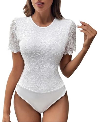 Body mit Spitze Damen, Trachten Oberteil Damen Trachtenbody Sexy Dirndlbody Festival Sommer Outfit Jumpsuit Elegant Party Oberteile Top Blusenbody Bodysuit Spitzenbody Weiß L