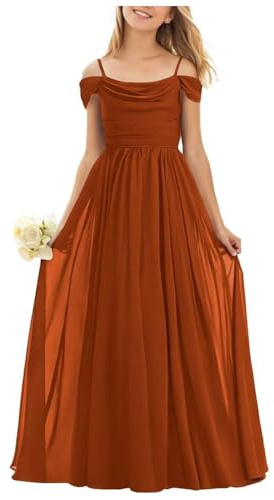 BessDress Off Shoulder Chiffon Junior Bridesmaid Dresses for Wedding Plus Size Long Flower Girl Dress Prom Gown Burnt Orange 12