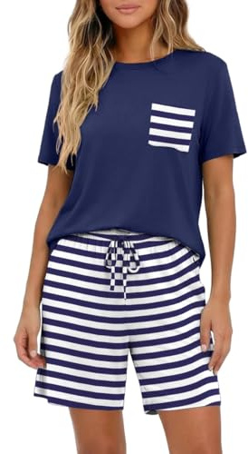 PrinStory Pijama de mujer corto de manga corta conjunto de pijamas de cuello redondo ropa de dormir de verano camiseta y pantalones cortos