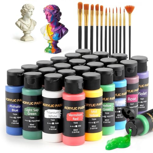 TMOL Acrylfarben Set, 24 Farben x60 ml +12 Pinsel, Acrylic Paint Set, Künstlerbedarf für Leinwand, Holz, Keramik, Stoffe, ungiftige Pigmente Acrylfarbe für Anfänger, Studenten, Profis, Künstler