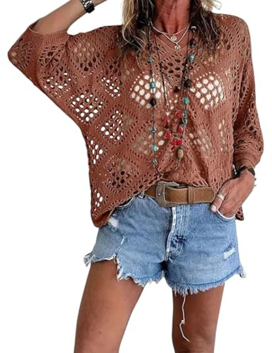 Jeeeun Bohemian Crochet Tops for Women V-Neck Loose Hollow Out Summer Beach Cover Up Casual Knit Blouse