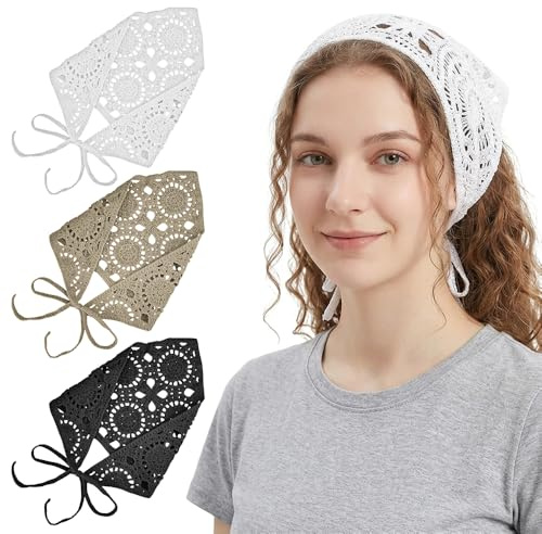 3PCS Crochet Headscarf Bandana Set, Boho Knitted Hair Turbans for Women