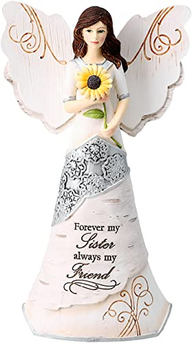 Elements Sister Angel Figurine by Pavilion, 6-1/2-Inch, Holding Sunflower, Inscription Forever My Sister Always My Friend,White