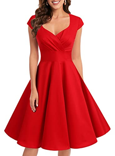 Bbonlinedress Robe Femme Soiree Femme Courte Vintage Col en Carrée Robe pour Fête Mariage Cocktail Noël Nouvel an Red 2XL