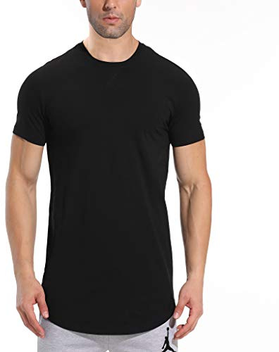 LETAOTAO Mens Hipster Longline T-Shirt Drop Cut Scallop Long Tail Slim Fit Bodybuilding Gym Muscle Workout Tee