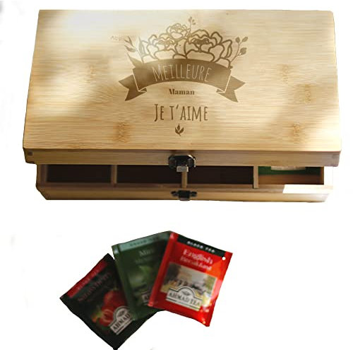 CADEAUX.COM - Boite à thé gravée - Maman Fleurie - Coffret thé 8 Compartiments 28.3 cm x 16.3 cm Contenant 40 sachets de thé et tisanes - Idée Cadeau Maman -Cadeau Fête des Mères - Cadeau Noel
