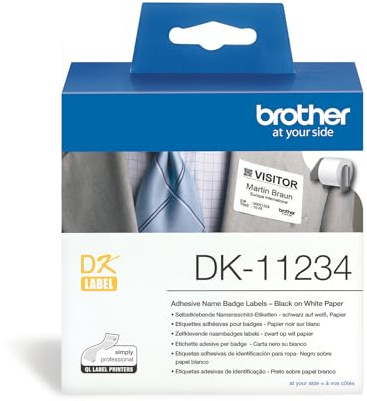 Brother DK-11234 Label Roll, Name Badge Labels, Black on White, 260 Labels, 86 mm (W) x 60 mm (L), Brother Genuine Supplies