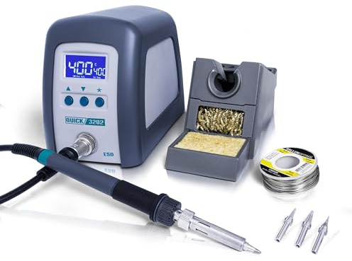QUICK 3202 Digital Regelbare ESD Lötstation 90 Watt inkl. Lötkolben mit 1 mm Lötspitze und Zubehör - 100°- 550°C kalibrierbar - ESD Schutz und Auto-Standby-Funktion