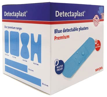 Detectaplast Pflaster wasserfest Premium, blaue Wundpflaster für den Umgang mit Lebensmitteln, detektierbare Pflaster für Erste Hilfe Sets in der Gastronomie, 25 x 72 mm, 100 Stück