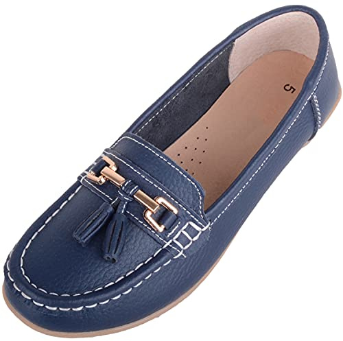 ABSOLUTE FOOTWEAR Mocasines casuales de cuero para mujer, zapatos náuticos, azul oscuro, 37 EU