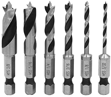 Bestgle 6Pcs Brad Point Drill Bits Set, 1/4 Hex Shank HSS Spiral Twist Wood Drill Bit Set for Soft, Hard, Veneered, Laminated Wood MDF Acrylic Woodworking Tool 3/8, 5/16, 1/4, 3/16, 1/8, 3/32