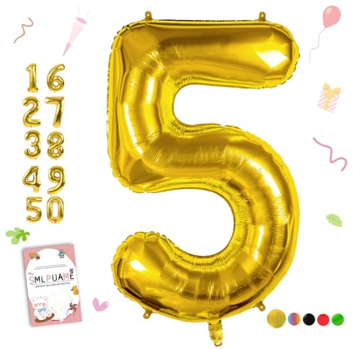Smlpuame 40 Inch Gold Number 5 Balloon, 5th Birthday Decoration Boys Girls
