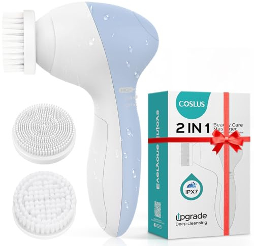 COSLUS Facial Cleansing Brush Silicone Face Scrubber: 2 in1 FBS-D Electric Exfoliating Massage Device Waterproof Deep Cleaning Exfoliation Rotating Spa Machine - Electronic Skin Care Wash Clean System