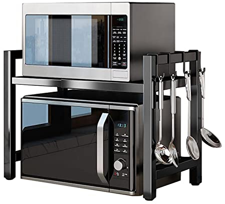 Pkouocry Mensola Microonde Estensibile 40-65 cm, Regolabile Due Livelli Microonde Scaffale, Acciaio Carbonio Ripiano Contatore Cucina Organizzatore Ripiani, 4 Ganci, Carico Pesante 60lbs (Nero)