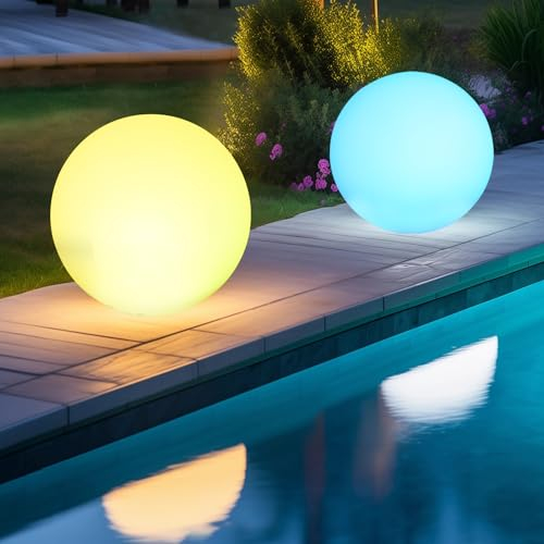 2PCS RGB Solarlampe für Außen, 30cm LED Kugelleuchte mit Fernbedienung, Solarleuchte 16 Farbwechsel, 1200mAh Type-C Aufladbar Kugellampe IP66 Wasserdicht für Teich Balkon Terrasse Rasen Patio Innen