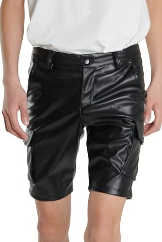 AIEOE Short en cuir pour homme - Short cargo ample en cuir synthétique - Style punk rétro - Gothique - Décontracté - Pantalon classique en cuir avec poches