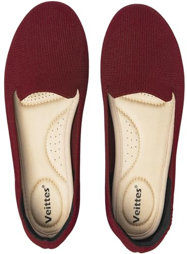 Veittes Women's Wide Width Flats Shoes - Classic Knitted Soft Casual Breathable Slip-on Ballet Shoes.(2205003-3,WR/FK,UK8.5 Wide)