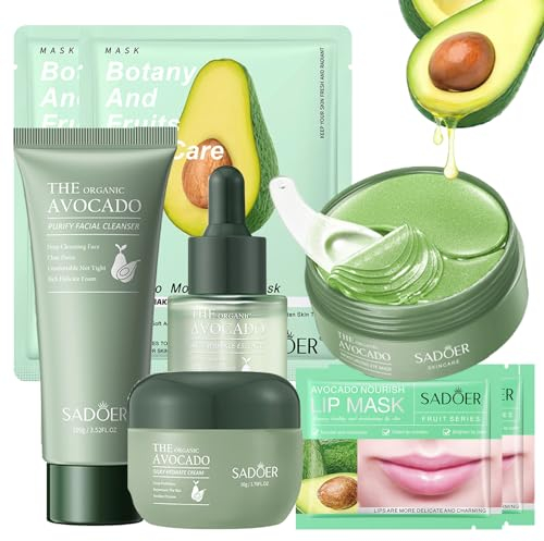 Gesichtspflege Set, Hautpflege Set für Teenager-Mädchen und Frauen, Anti-Aging Skincare Set, Avocado Geschenkset mit Reinigung, Gesichtscreme, Serum, Augenpads, Gesichtsmaske, Lippenmaske - 8pcs