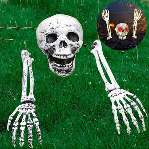 ZQEJEFD Decoración de Esqueletos para Halloween, Decoración de Halloween, Calavera de Esqueleto y Brazos con 3M Luces de Hadas LED para Decoración de Césped, Patio, Casa Encantada de Halloween