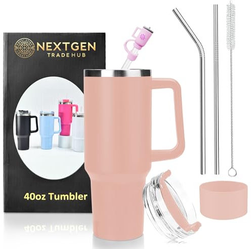 NextGen Stainless Steel 40oz Insulated Tumbler with Straw, Lid, Base, Straw Brush - BPA Free Travel Mug with Handle (Light Pink)