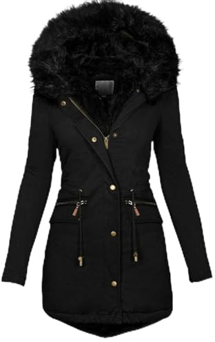 Manteau Long Hiver Femme Grande Taille en Laine - Veste Chaude Parkas Anorak avec Capuche Fourrure - Veste Sherpa Noir M