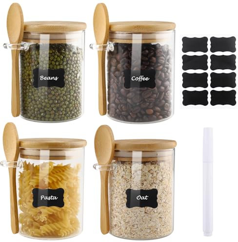 Zosenyer Bocal en Verre avec Couvercle Hermétique et Cuillère, 350ML Lot de 4 Pot en Verre, Bocaux Rangement Cuisine pour Épices Thé Noix Graines Pâtes Farine Grains de Café