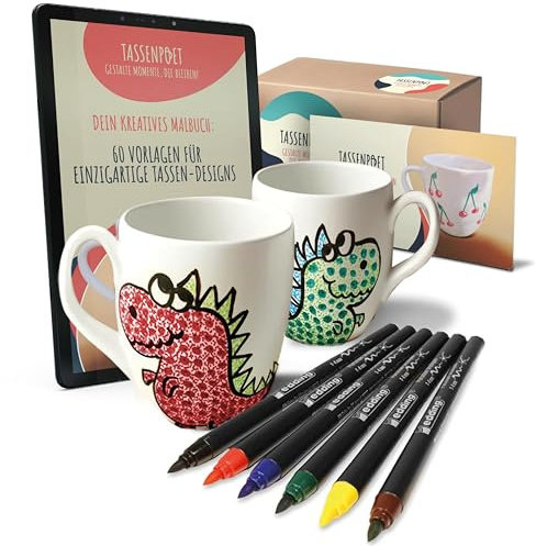 Veluxis TassenPoet Tassen-Malset mit 2 Keramik-Tassen (400 ml) & 6 edding Porzellanmalstiften inkl. Anleitung – DIY Tassen bemalen – Spülmaschinenfest – Kreatives Geschenk für Kinder & Erwachsene