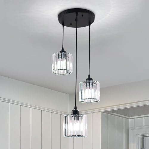 diisunbihuo Lampade a sospensione a soffitto rotonde in vetro moderno, lampade a sospensione in vetro regolabile in altezza, lampade a aragno per pranzo, salotto nero (3 luci)