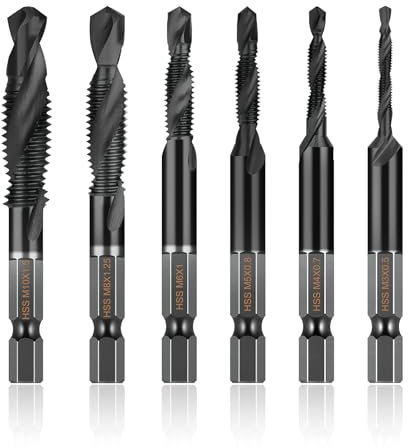 6-teiliges Gewindebohrer Set, Kombi Bohrer mit M3x0,5 M4x0,7 M5x0,8 M6x1,0 M8x1,25 M10x1,5 Größen, Hochgeschwindigkeitsstahl Gewindebohrer Set,Titan-Beschichtung, 6mm Sechskantschaft für Metall & Holz