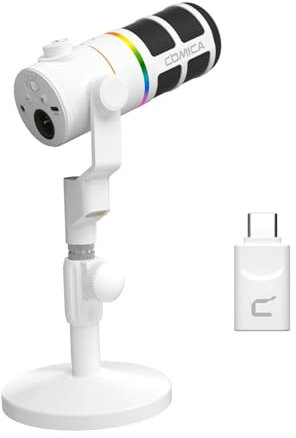 COMICA D10 Pro D XLR USB Microfono Dinamico con Ricevitore, Supporto da Tavolo per Registrazione Gaming/TikTok/Podcast, Supporta Pulsante di Disattivazione Luce RGB per PC, Smartphone, Computer, Mac