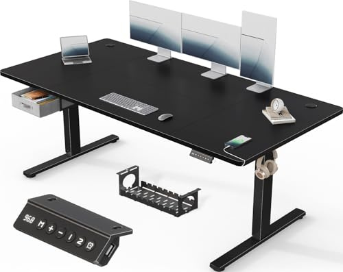 Devoko Scrivania Elettrica Regolabile In Altezza 180 x 80 cm, Ufficio 4 Sezioni Con Funzione Di Memoria, Cassetti, Porte Usb E Sistema Di Gestione Cavi, Nero