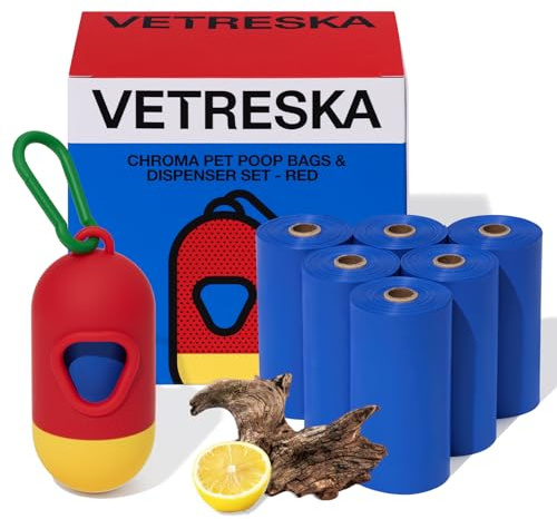 VETRESKA Sacs à crottes pour chiens avec distributeur, sacs à déchets pour animaux extra épais et étanches pour promenades avec chiens et litière pour chats, 105 unités