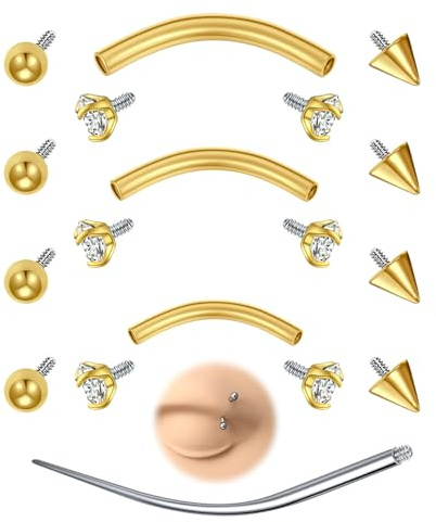 AVYRING 12 piercing per sopracciglio, curvo, in acciaio inox, 16 G, barra verticale per labbro, 6 mm, 8 mm, 10 mm, gioielli per labbro, daith, conchiglia, root, elice, ombelico, argento/oro, 6mm, 8mm