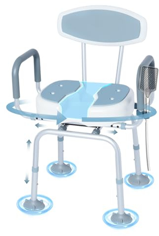 Chaise de Douche Pivotante à 360° avec Dossier et Accoudoirs, Siège Médical Réglable sur 5 Hauteurs, Ergonomique pour Seniors et PMR, Max. 136kg