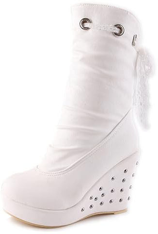 LarDorLin Tacón de Cuña Plataforma Botas de Media Pantorrilla Mujer Sin Cordones Punta Rojoonda Elegante Slouch Invierno Boda Vintage Botín Blanco Talla 36.5 EU (37 Cn)
