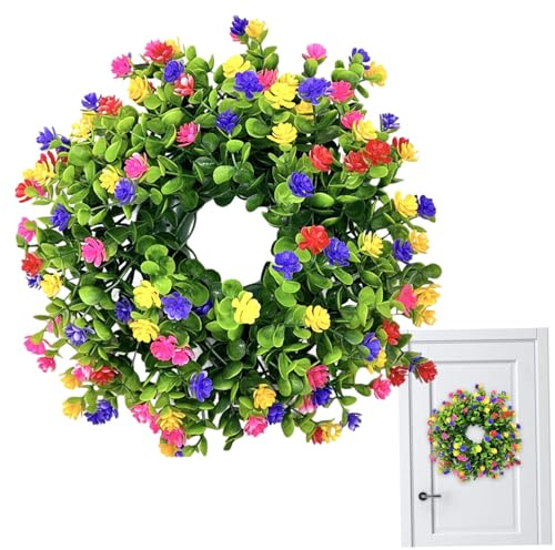 Gcroet blomkrans, 33 cm färgglad sommarkrans med konstgjord eukalyptus och blommor för ytterdörren, hela säsongen, utomhus inomhusdekor..