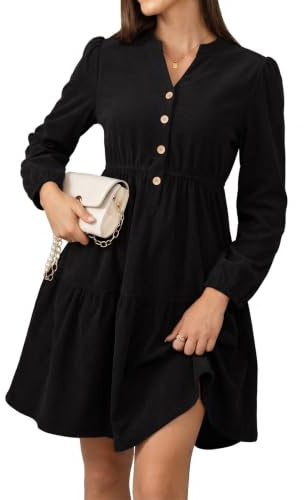 Fashora Robe Manche Longue Femme Robe Col V Chic et Elegant | Robe Velours Côtelé Femme, A-Line Casual Robe, Robes Taille Haute Élastiquée, Midi Dress, Robe Bohem, Automne, Hiver